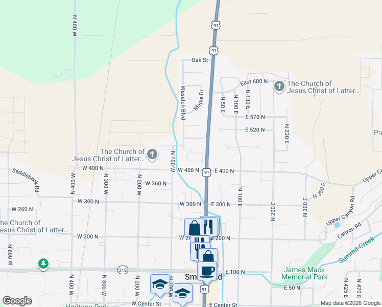 map of restaurants, bars, coffee shops, grocery stores, and more near 54 West 460 North in Smithfield