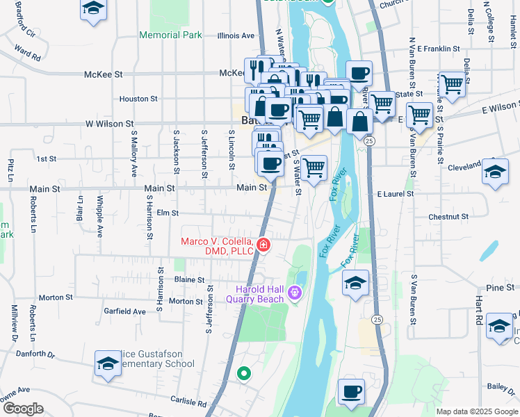 map of restaurants, bars, coffee shops, grocery stores, and more near 233 South Batavia Avenue in Batavia