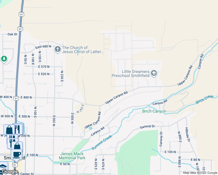 map of restaurants, bars, coffee shops, grocery stores, and more near 475 North 510 East in Smithfield