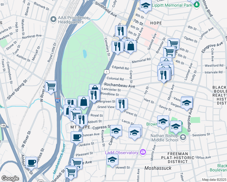 map of restaurants, bars, coffee shops, grocery stores, and more near 53 Woodbine Street in Providence