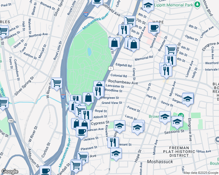 map of restaurants, bars, coffee shops, grocery stores, and more near 25 Woodbine Street in Providence