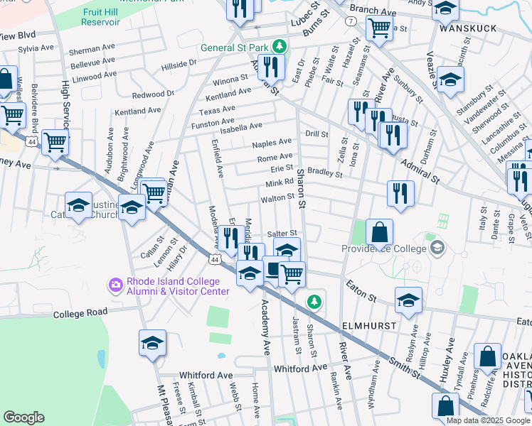 map of restaurants, bars, coffee shops, grocery stores, and more near 741 Academy Avenue in Providence