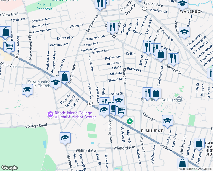 map of restaurants, bars, coffee shops, grocery stores, and more near 741 Academy Avenue in Providence