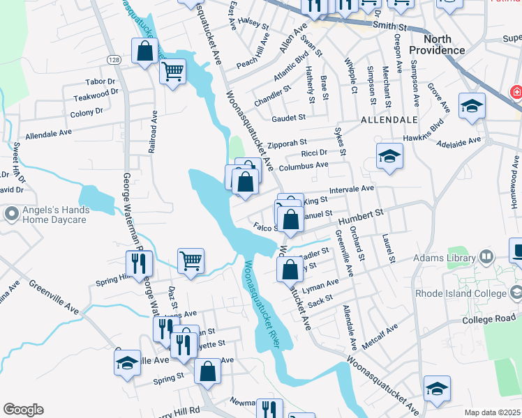 map of restaurants, bars, coffee shops, grocery stores, and more near 5 Falco Street in North Providence