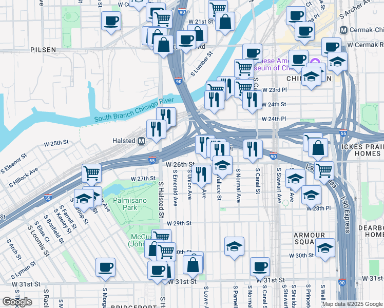 map of restaurants, bars, coffee shops, grocery stores, and more near 702 West 26th Street in Chicago