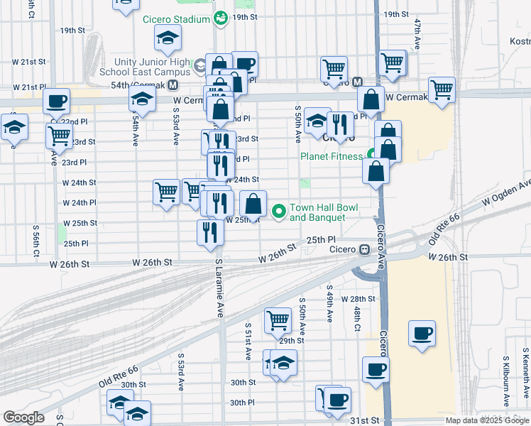 map of restaurants, bars, coffee shops, grocery stores, and more near 5105 West 25th Street in Cicero