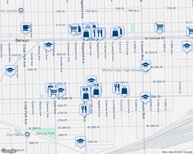 map of restaurants, bars, coffee shops, grocery stores, and more near 2442 Highland Avenue in Berwyn
