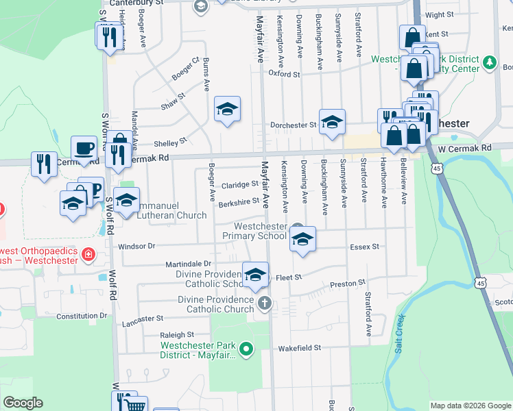 map of restaurants, bars, coffee shops, grocery stores, and more near 10814 Hastings Street in Westchester