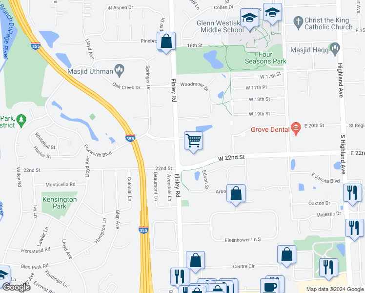 map of restaurants, bars, coffee shops, grocery stores, and more near 2177 South Finley Road in Lombard