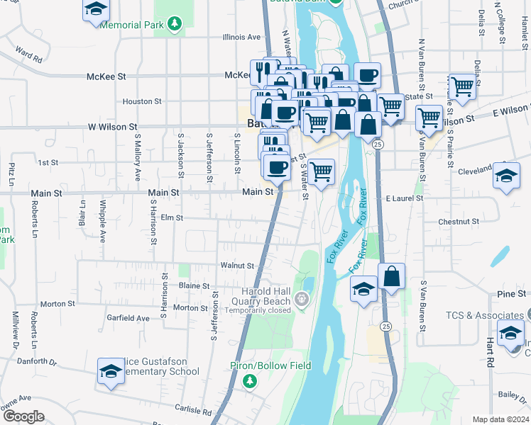 map of restaurants, bars, coffee shops, grocery stores, and more near 312 Elm Street in Batavia