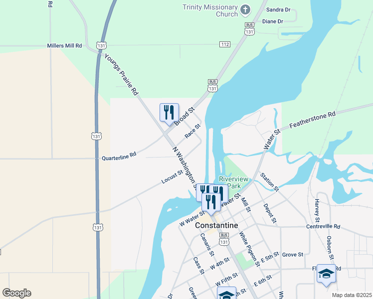 map of restaurants, bars, coffee shops, grocery stores, and more near 185 North Washington Street in Constantine