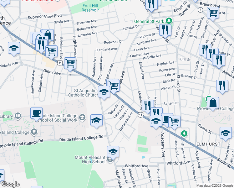 map of restaurants, bars, coffee shops, grocery stores, and more near 1190 Smith Street in Providence