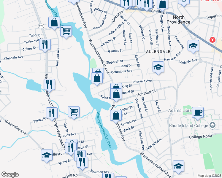 map of restaurants, bars, coffee shops, grocery stores, and more near 1 Zambarano Avenue in North Providence