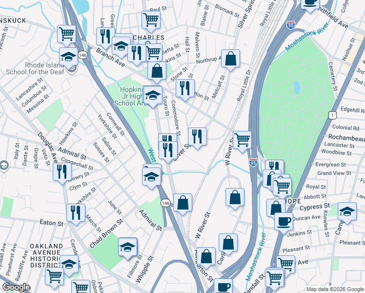 map of restaurants, bars, coffee shops, grocery stores, and more near 27 Silver Spring Street in Providence