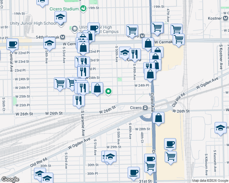 map of restaurants, bars, coffee shops, grocery stores, and more near 5021 West 25th Street in Cicero