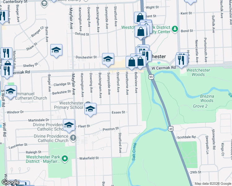 map of restaurants, bars, coffee shops, grocery stores, and more near 2339 Stratford Avenue in Westchester