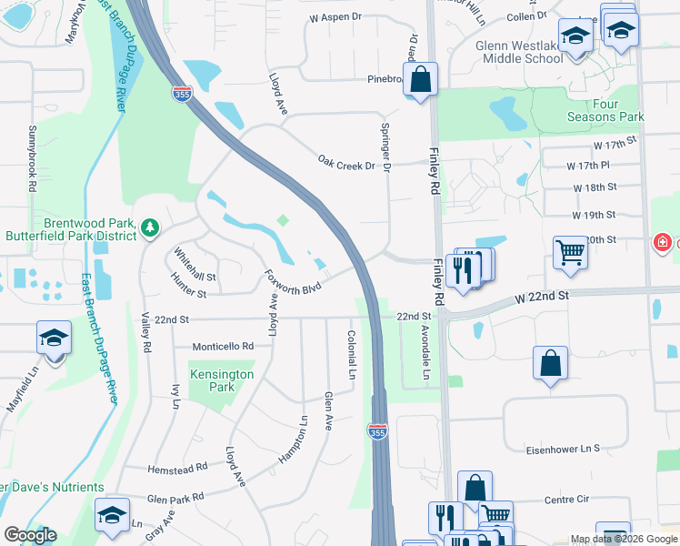map of restaurants, bars, coffee shops, grocery stores, and more near 801 Foxworth Boulevard in Lombard