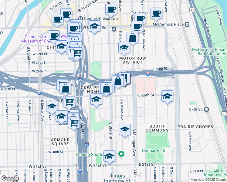 map of restaurants, bars, coffee shops, grocery stores, and more near 2602 South State Street in Chicago