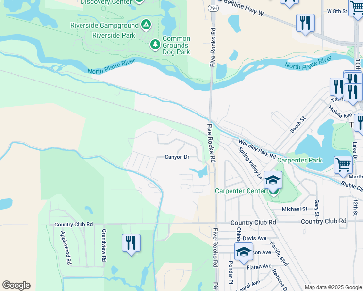 map of restaurants, bars, coffee shops, grocery stores, and more near 46 Western Avenue in Gering