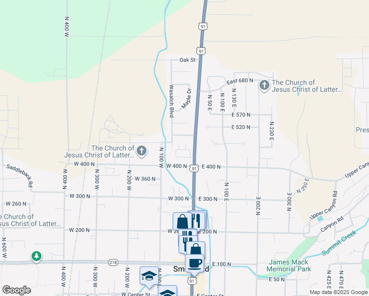 map of restaurants, bars, coffee shops, grocery stores, and more near 75 West 400 North in Smithfield