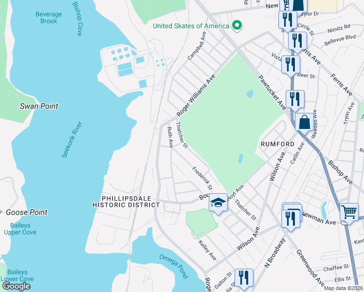 map of restaurants, bars, coffee shops, grocery stores, and more near 107 Frederick Street in East Providence