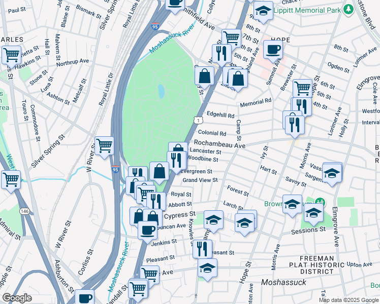 map of restaurants, bars, coffee shops, grocery stores, and more near 25 Woodbine Street in Providence