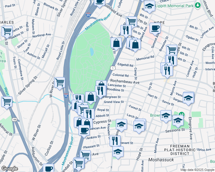 map of restaurants, bars, coffee shops, grocery stores, and more near 25 Woodbine Street in Providence