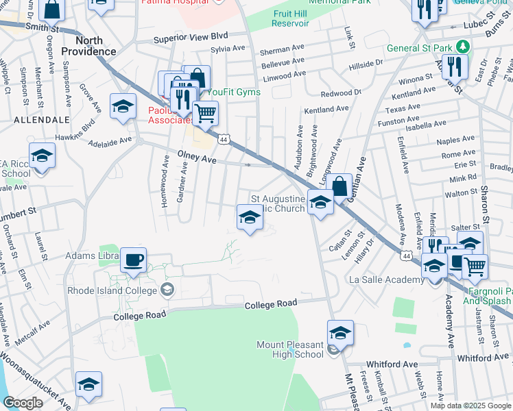 map of restaurants, bars, coffee shops, grocery stores, and more near 80 Basswood Avenue in Providence