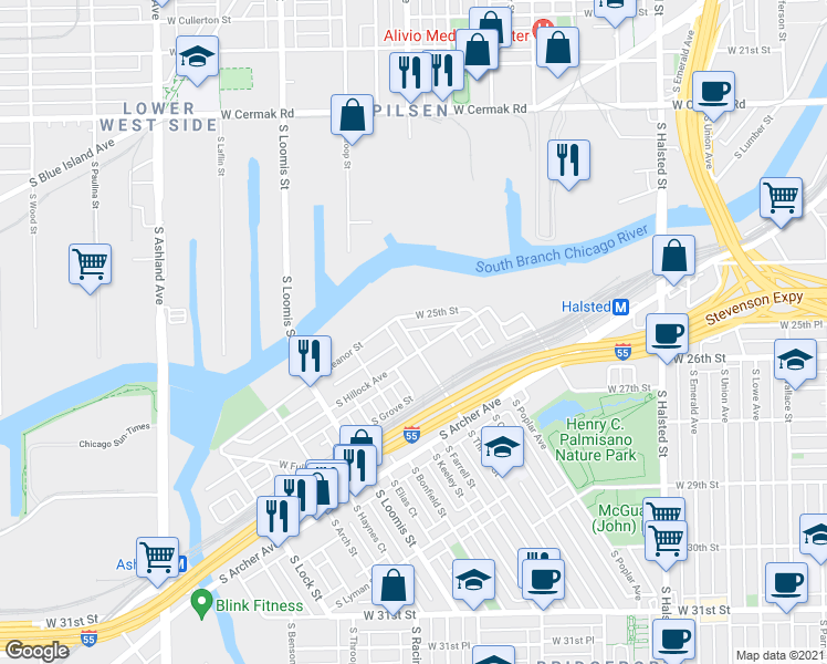 map of restaurants, bars, coffee shops, grocery stores, and more near 2569 South Hillock Avenue in Chicago