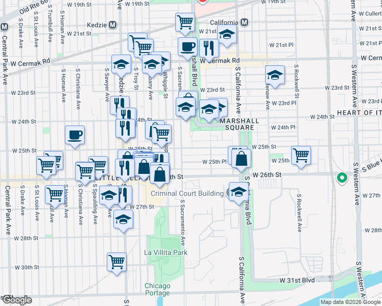 map of restaurants, bars, coffee shops, grocery stores, and more near 2935 West 25th Place in Chicago