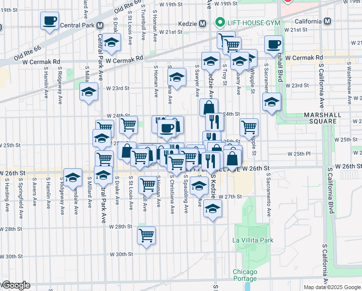 map of restaurants, bars, coffee shops, grocery stores, and more near 2524 South Spaulding Avenue in Chicago