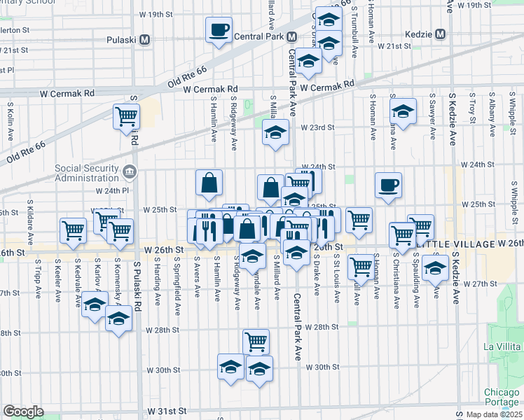 map of restaurants, bars, coffee shops, grocery stores, and more near 2521 South Lawndale Avenue in Chicago
