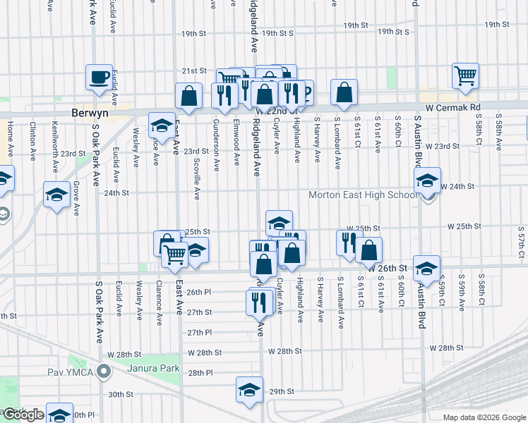 map of restaurants, bars, coffee shops, grocery stores, and more near 2445 Ridgeland Avenue in Berwyn