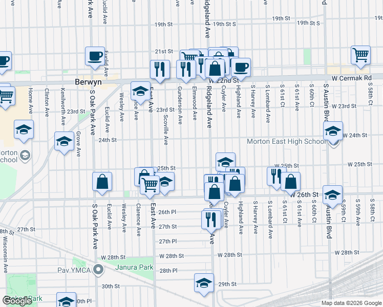 map of restaurants, bars, coffee shops, grocery stores, and more near 2443 Elmwood Avenue in Berwyn