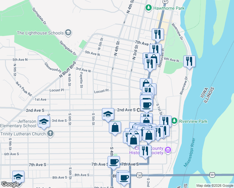map of restaurants, bars, coffee shops, grocery stores, and more near 301-399 1st Ave in Clinton