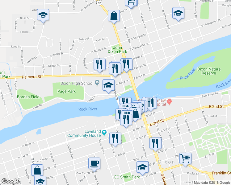 map of restaurants, bars, coffee shops, grocery stores, and more near 104 North Peoria Avenue in Dixon