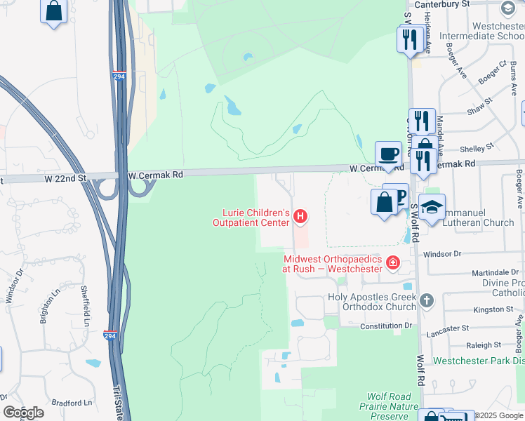 map of restaurants, bars, coffee shops, grocery stores, and more near 2235 Enterprise Drive in Westchester