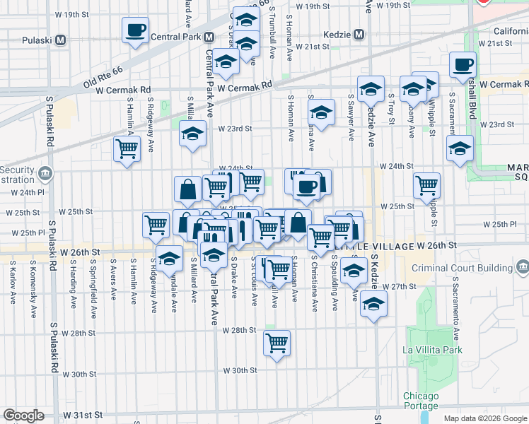 map of restaurants, bars, coffee shops, grocery stores, and more near 2500 South Trumbull Avenue in Chicago
