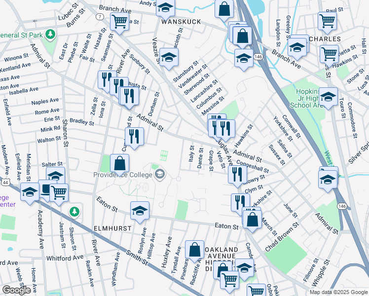 map of restaurants, bars, coffee shops, grocery stores, and more near 295 Huxley Avenue in Providence