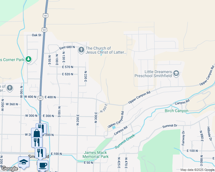 map of restaurants, bars, coffee shops, grocery stores, and more near 350 East in Smithfield