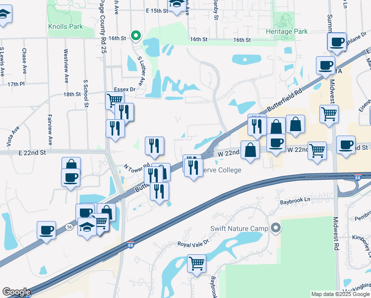 map of restaurants, bars, coffee shops, grocery stores, and more near 2 Lincoln Center in Oakbrook Terrace