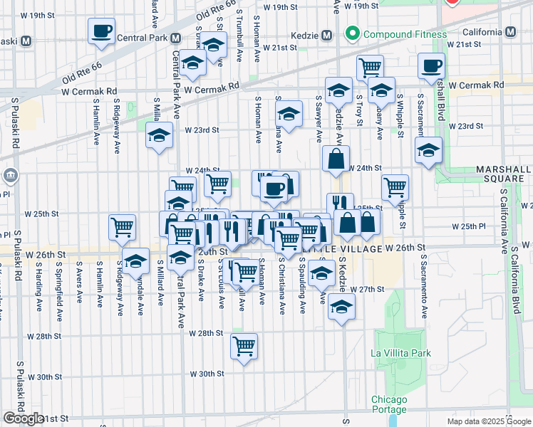 map of restaurants, bars, coffee shops, grocery stores, and more near 2527 South Homan Avenue in Chicago