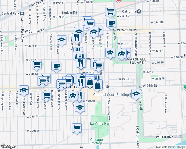 map of restaurants, bars, coffee shops, grocery stores, and more near 2529 South Troy Street in Chicago
