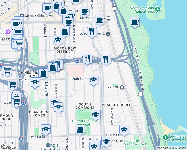 map of restaurants, bars, coffee shops, grocery stores, and more near 2518 South Calumet Avenue in Chicago