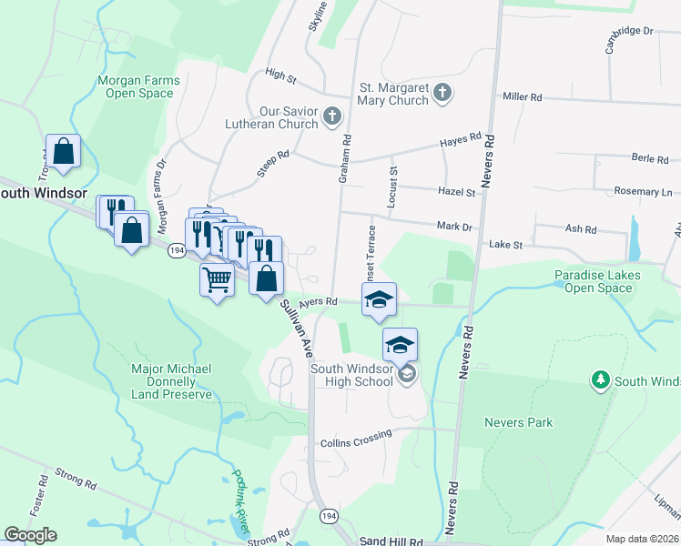 map of restaurants, bars, coffee shops, grocery stores, and more near 72 Graham Road in South Windsor