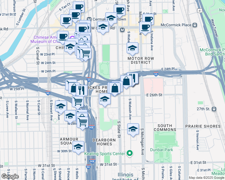 map of restaurants, bars, coffee shops, grocery stores, and more near 36 West 26th Street in Chicago