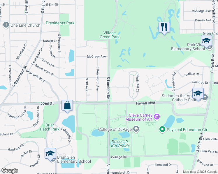 map of restaurants, bars, coffee shops, grocery stores, and more near 282 Ramblewood Drive in Glen Ellyn