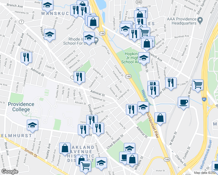 map of restaurants, bars, coffee shops, grocery stores, and more near 291 Admiral Street in Providence