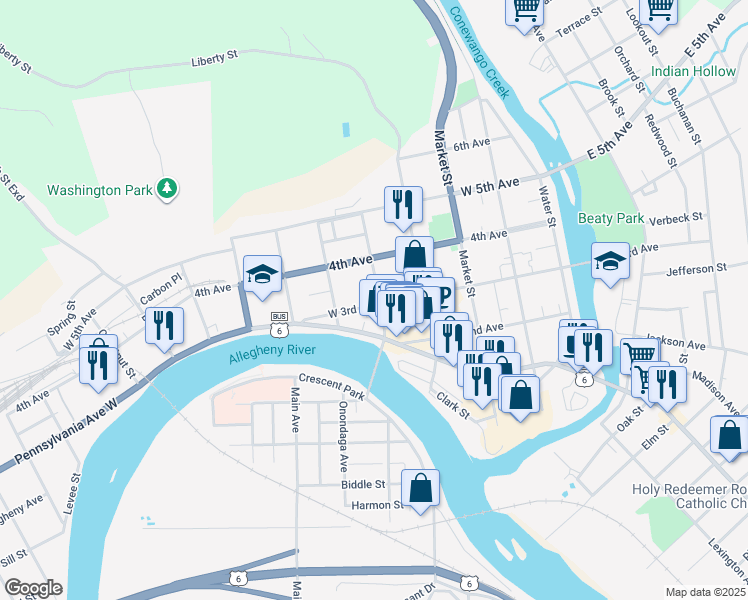 map of restaurants, bars, coffee shops, grocery stores, and more near 426 Pennsylvania Avenue West in Warren