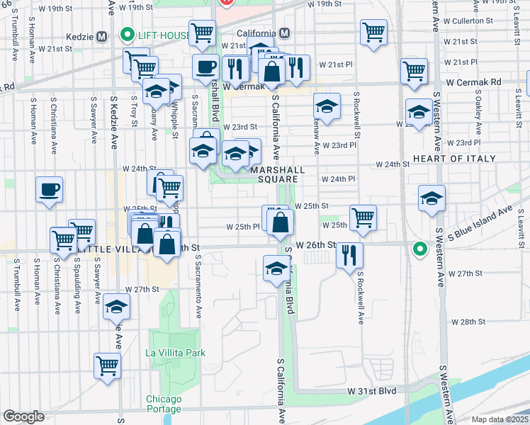 map of restaurants, bars, coffee shops, grocery stores, and more near in Chicago